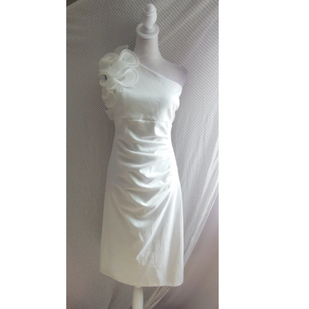 NEW XSCAPE White RUCHED Ruffled ONE SHOULDER Bridal SHEATH Midi DRESS 14 - Picture 4 of 11